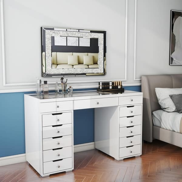 Glossy White Dressing Vanity Table Makeup Desk with 13-Drawer - Bed Bath & Beyond