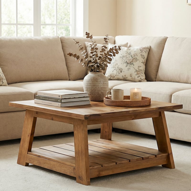 Solid Wood Square Coffee Table for Living Room, 31.5" Farmhouse Center Table - Rustic Brown