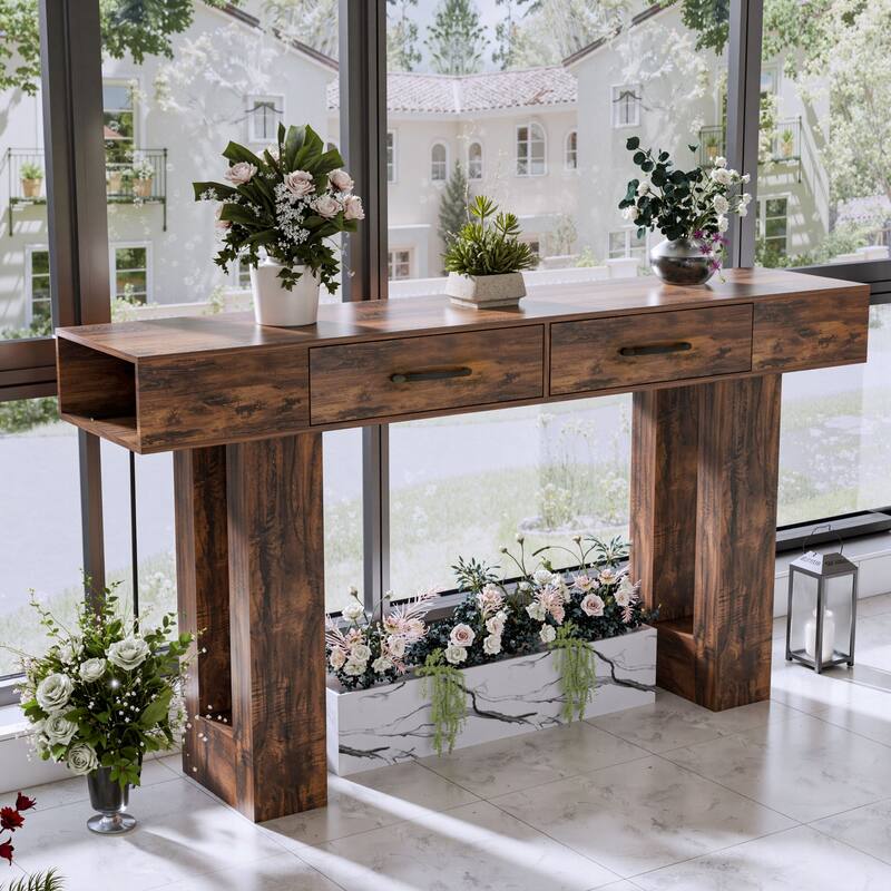 Anmytek Farmhouse Console Table,Wooden Rectangular Sofa Table Behind Couch for Entrance