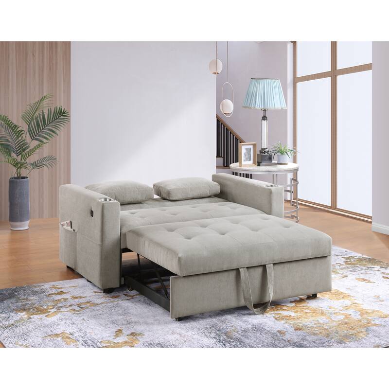 3 in 1 Convertible Pull Out Couch, Tufting Loveseat with Cupholders and USB Ports, 2 Seater Sofa with Pillows and Storage Bag