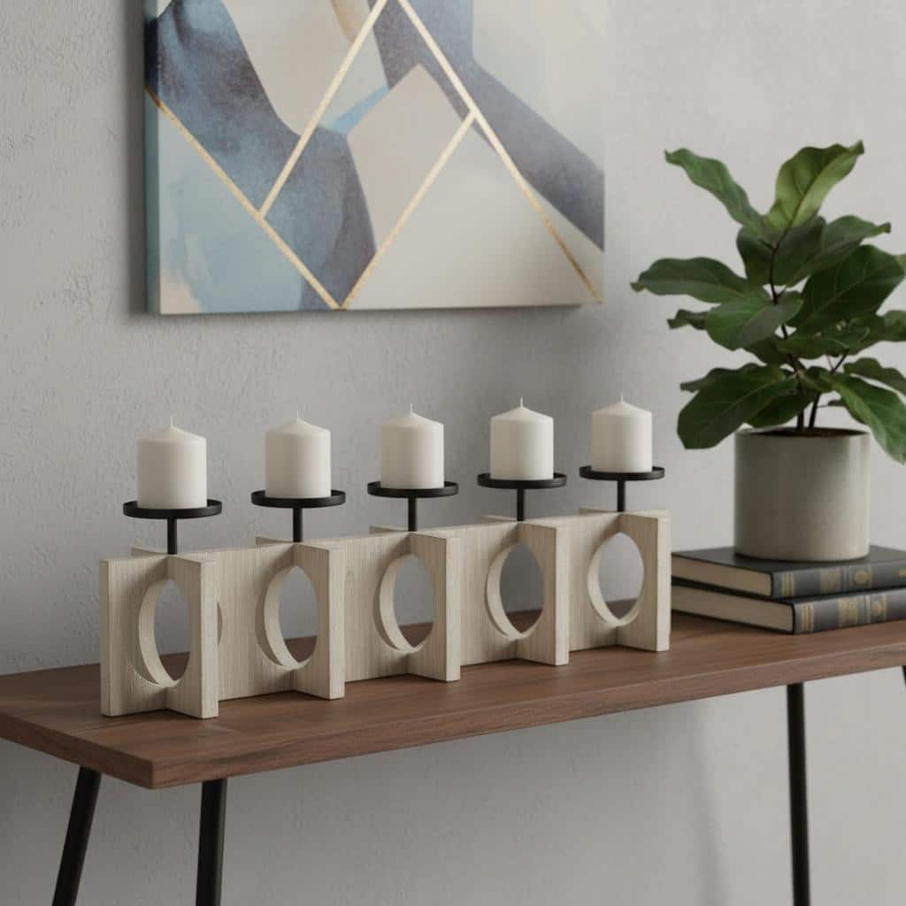 9" Black Distressed Geometric Solid Wood And Metal Tabletop Pillar Candle Holder