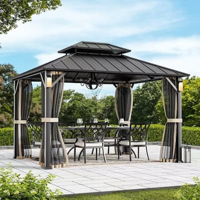 Permanent Hardtop Gazebo 10' x 12' with 4 LED Lights, Grill Gazebo with Galvanized Steel Double Roof, Mosquito Nettings, Black