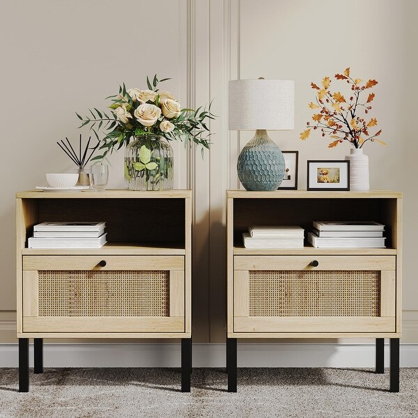 Natural Rattan Nightstand Set of 2 End Table Boho Bedside Table with 1 Hand Made Door for Living Room Bedroom On Sale Bed Bath Beyond 40866049