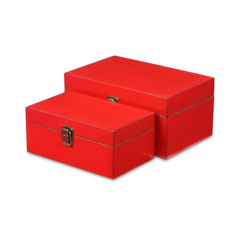 Set of 2 Red Rectangular Wooden Treasure Decorative Boxes 10.25"