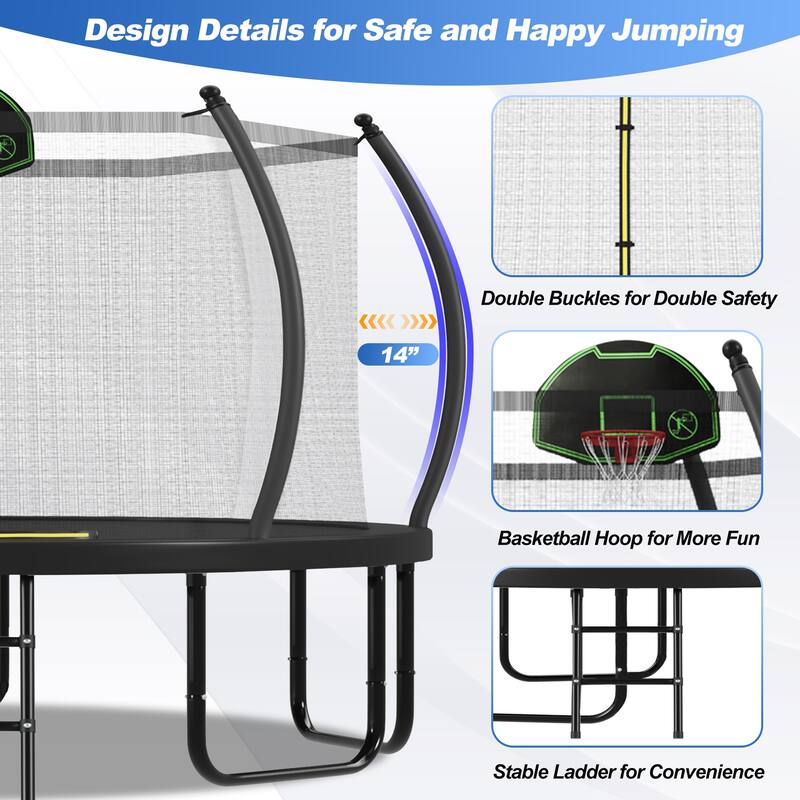 12FT Trampoline with Basketball Hoop for Kids and Adults, Round Outdoor Trampoline with Enclosure Net & Curved Poles