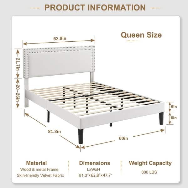 dimension image slide 21 of 30, VECELO Upholstered Bed Frames with Height Adjustable Headboard