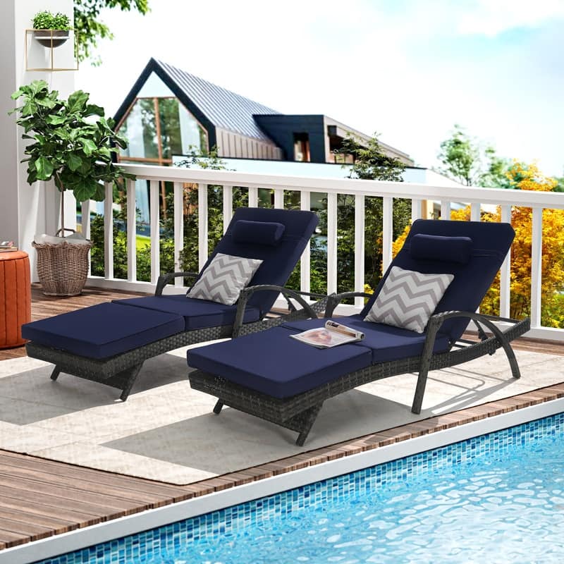 Premium Outdoor Reclining Lounge Set (2-Piece)‌– Wicker Sunbathing Chairs With Thick Cushions,150° Adjustable Backrest