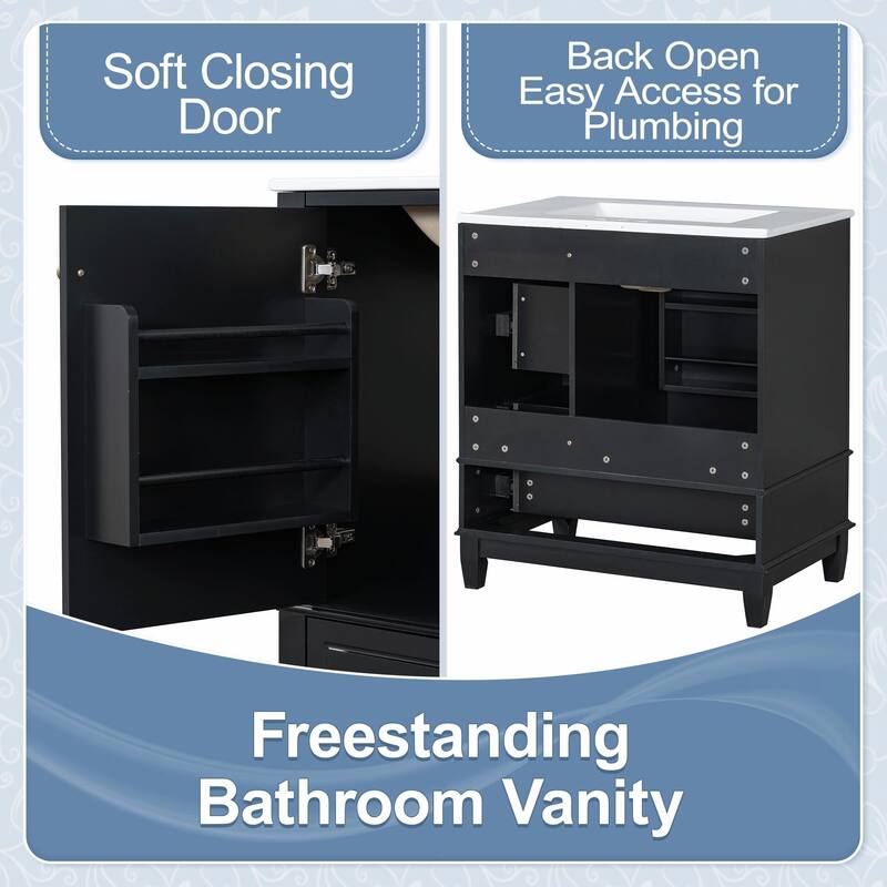30" Bathroom Vanity with Sink, Soft-Close Door, One Door with Shelf & Three Drawers