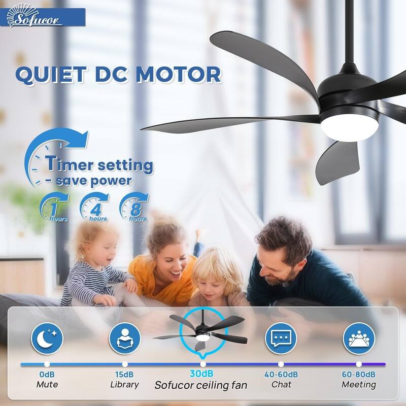 52 Inch Ceiling Fan with Remote & Lights Quiet DC Motor 5 Blade High CFM Modern Fan