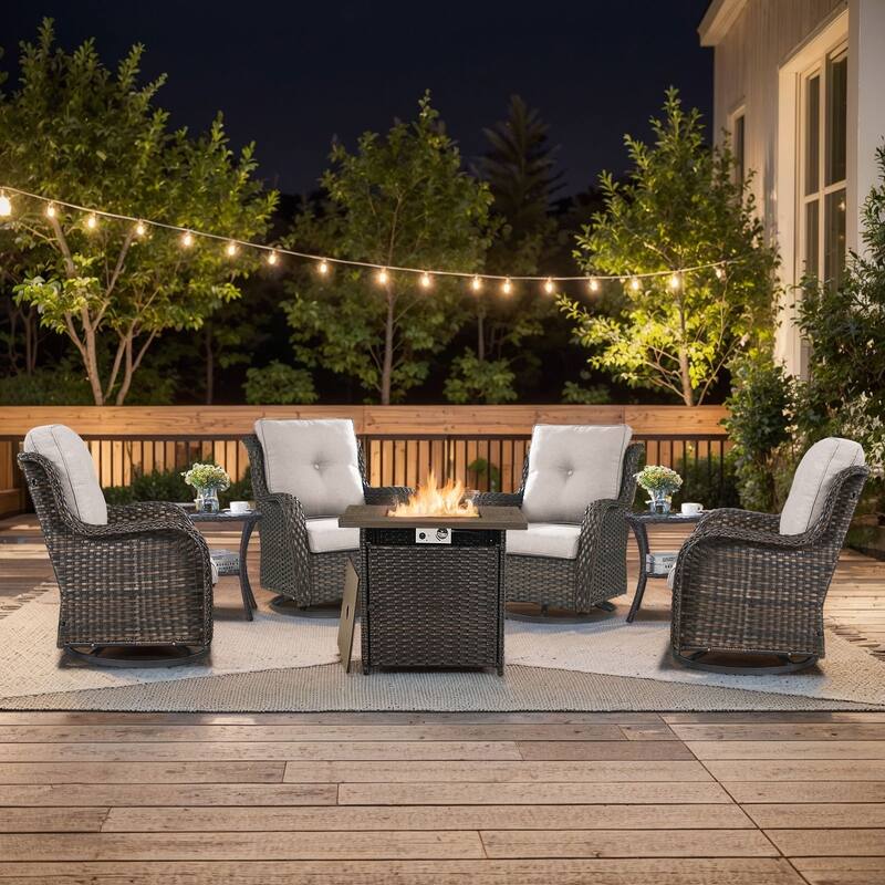 Pocassy 7 Pieces Fire Pit Table with Swivel Chairs Table - Brown Wicker Beige Cushion - 7 Pieces Swivel Chair with Fire Table