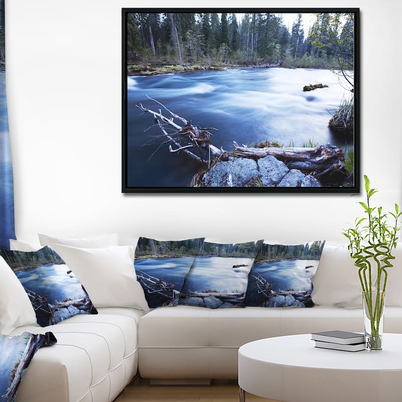 Designart "Blue River in Forest At Evening" Oversized Landscape Framed Canvas Art