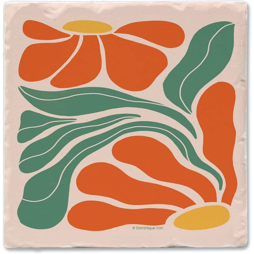 Orange Boho Floral 4 Pack Absorbent Stone Coasters with Protective Cork Backing 4" Square Made in The USA Absorbent Wipes Clean