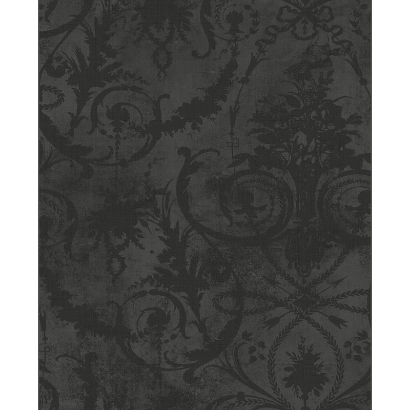 Seabrook Designs Melina Damask Silhouette Unpasted Wallpaper - 20.5 in W x 33 ft. L - Metallic Inkwell