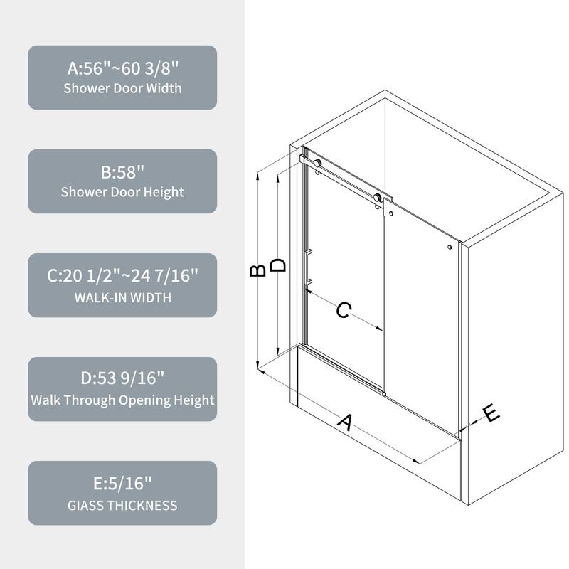 56"-60"W x 58"H Bathtub door with high quality stainless steel handle