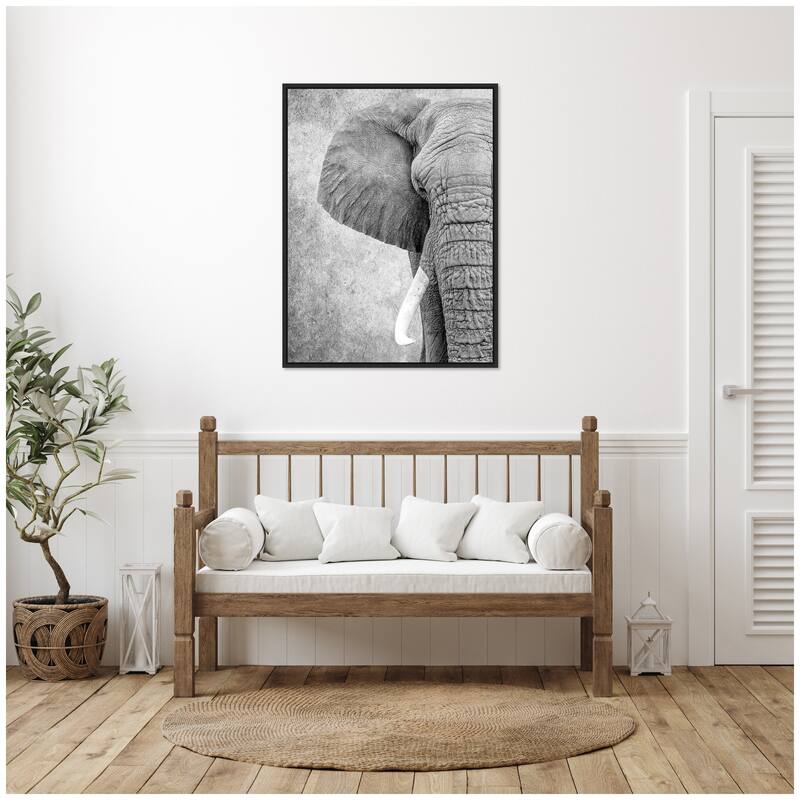Kate and Laurel Sylvie Black and White Minimalist Safari Elephant Framed Canvas by Simon Te of Tai Prints