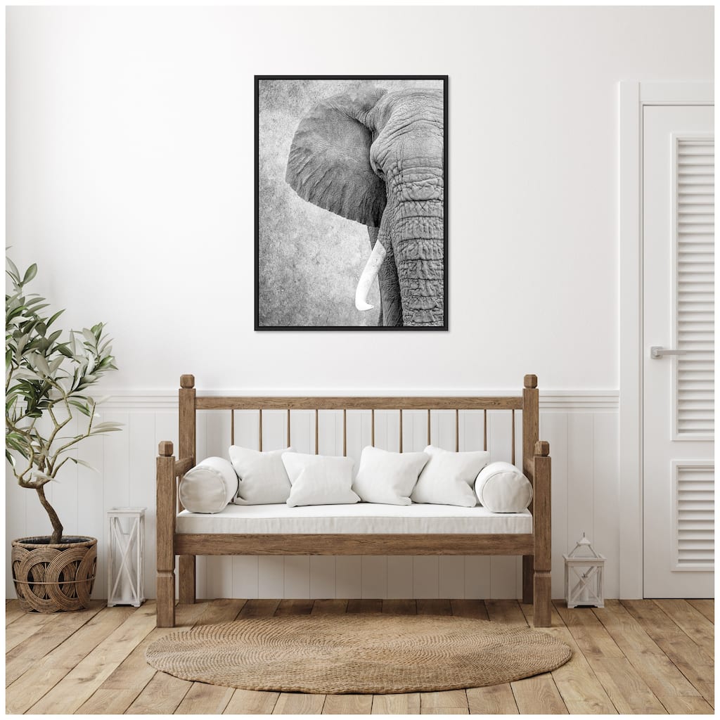 Kate and Laurel Sylvie Black and White Minimalist Safari Elephant Framed Canvas by Simon Te of Tai Prints