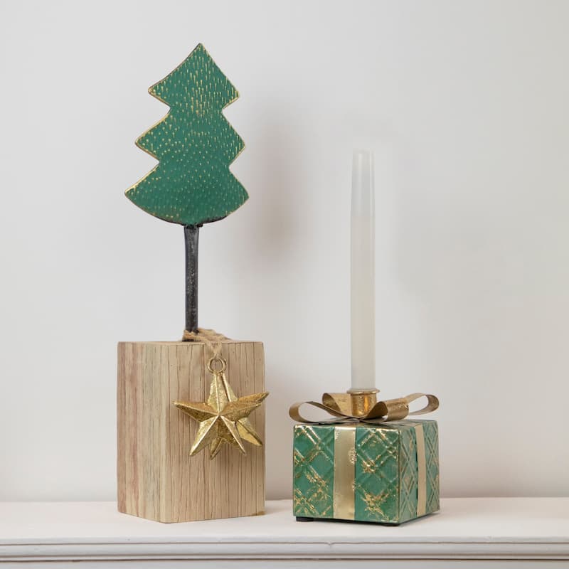 4.5" Metal Gift Box Christmas Taper Candle Holder
