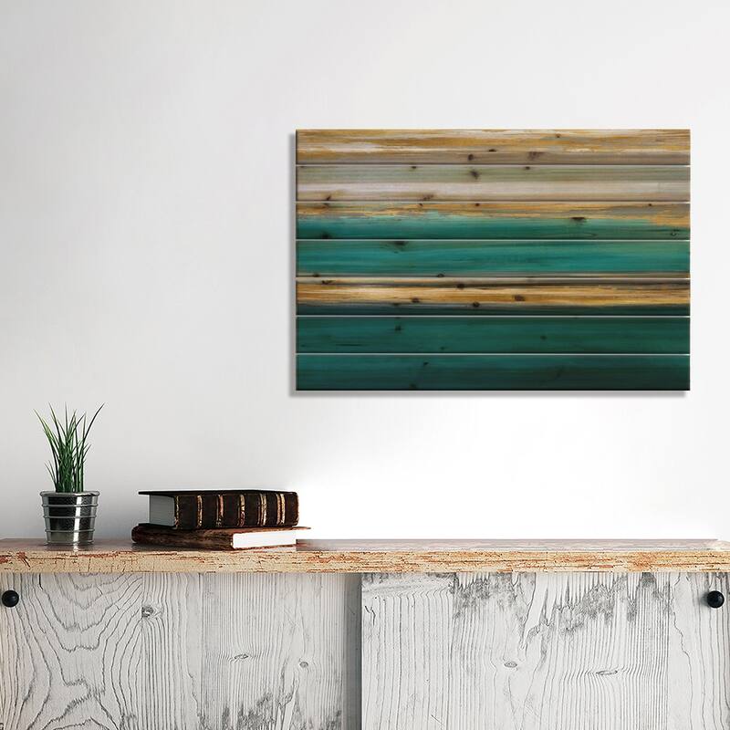 Parallel Lines On Teal Print On Wood by Allie Corbin - Multi-Color
