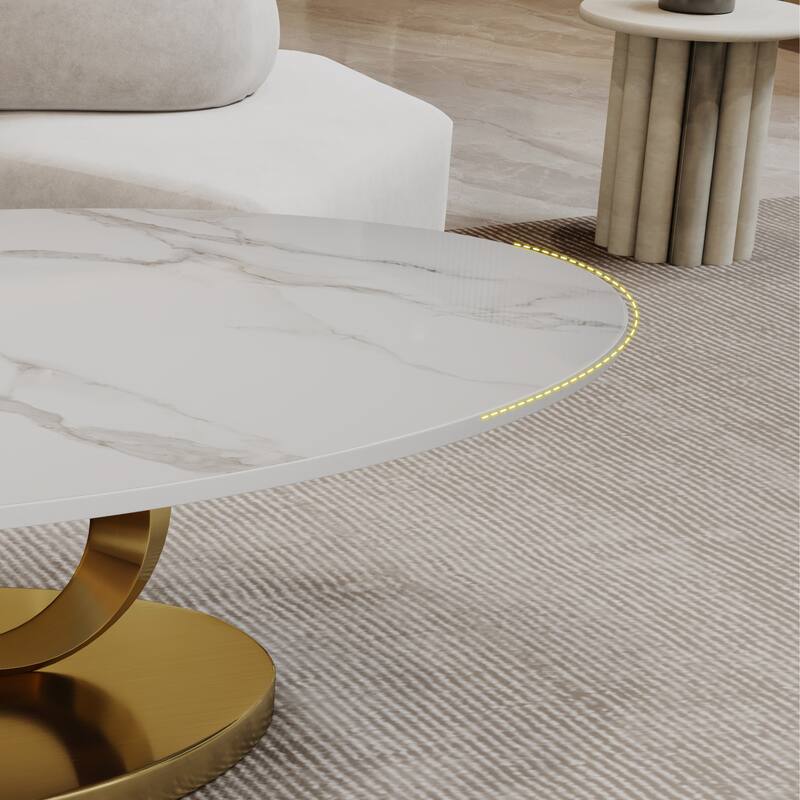 Modern Coffee Table Fish Belly White Marble Coffee Table Stainless Steel Base and Adjustable Feet, for Living Room