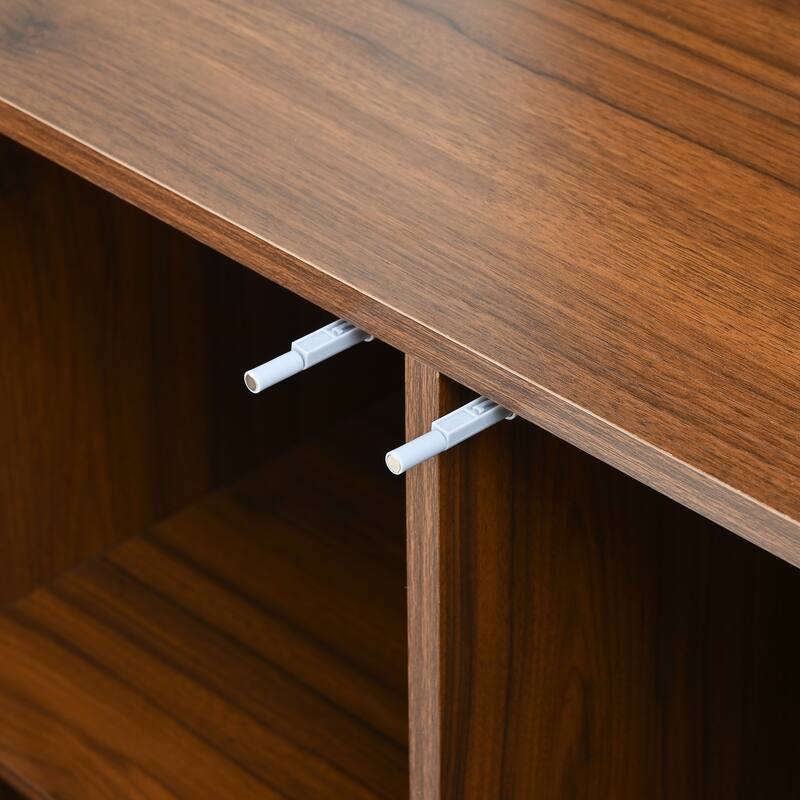 Modern Solid Wood Sideboard with Wave Relief Design, Large 4 Door Storage Cabinet Walnut Texture Buffet Sideboard