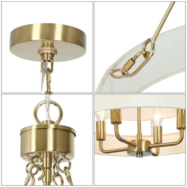 Transitional Modern Dining Room Chandelier Drum Fabric 4-light Dimmable Ceiling Light - Brushed Brass Gold - D17" x H84.5"