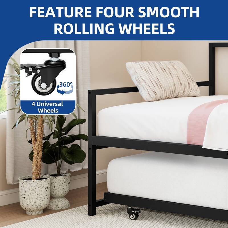 Moasis Twin Daybed with Pull Out Trundle, Metal Trundle Bed