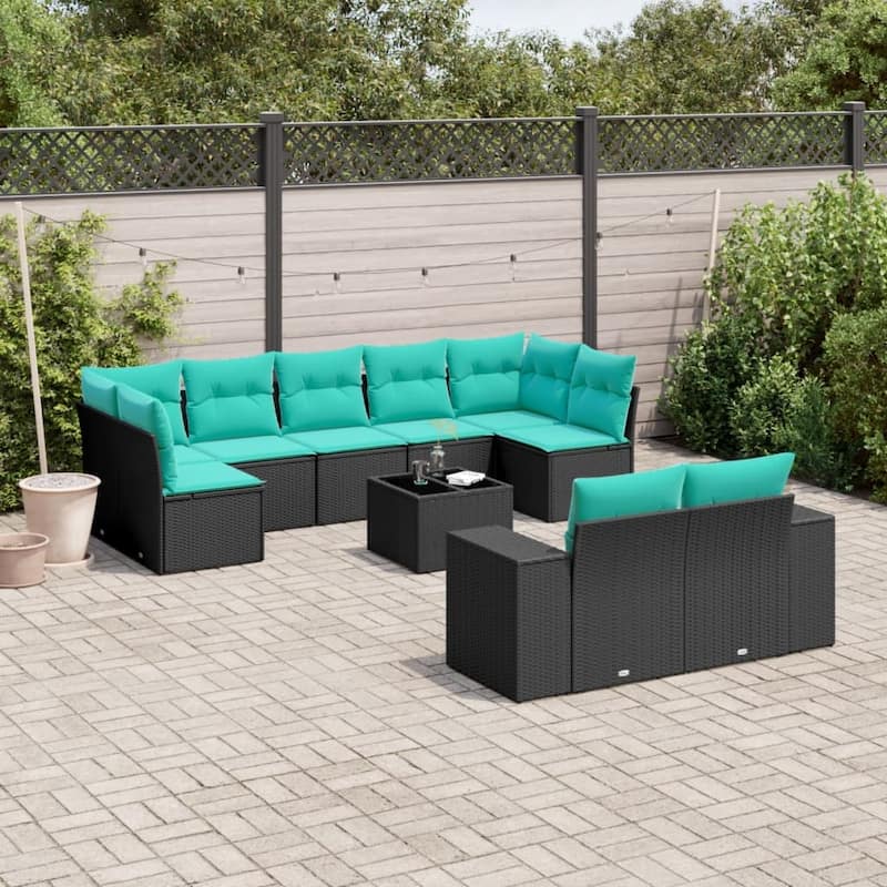 vidaXL 9 Piece Patio Sofa Set with Cushions Black Poly Rattan - 24.4 x 24.4 x 27.2-Without table