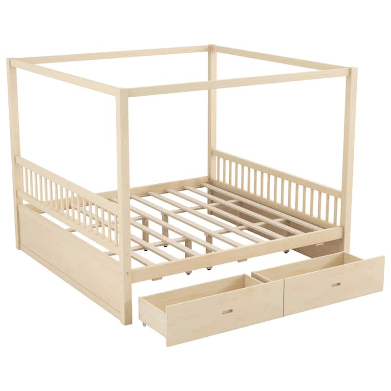 Wooden Canopy Bed Frame with Storage Drawers, Modern Poster Bed, Available in Queen or King