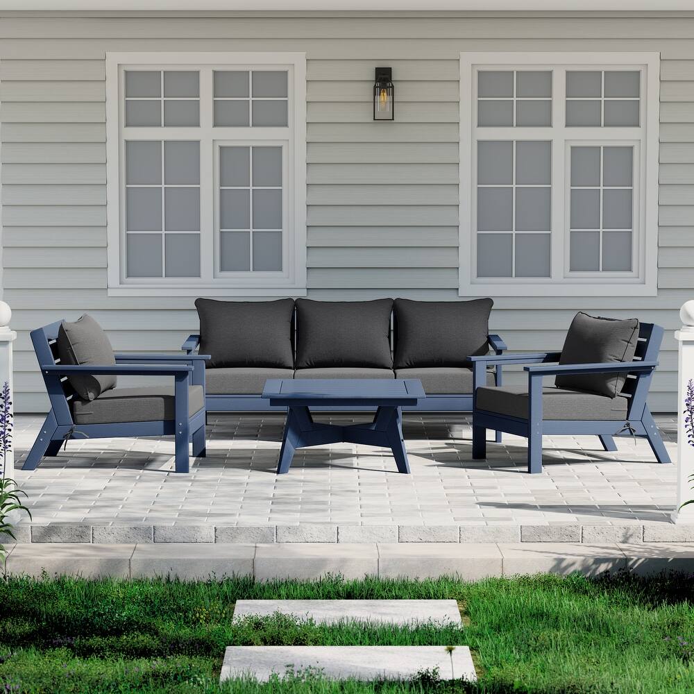 Birchwood All Weather HDPE Outdoor Patio Navy Blue Deep Seating Conversation Set (6-Piece Set)