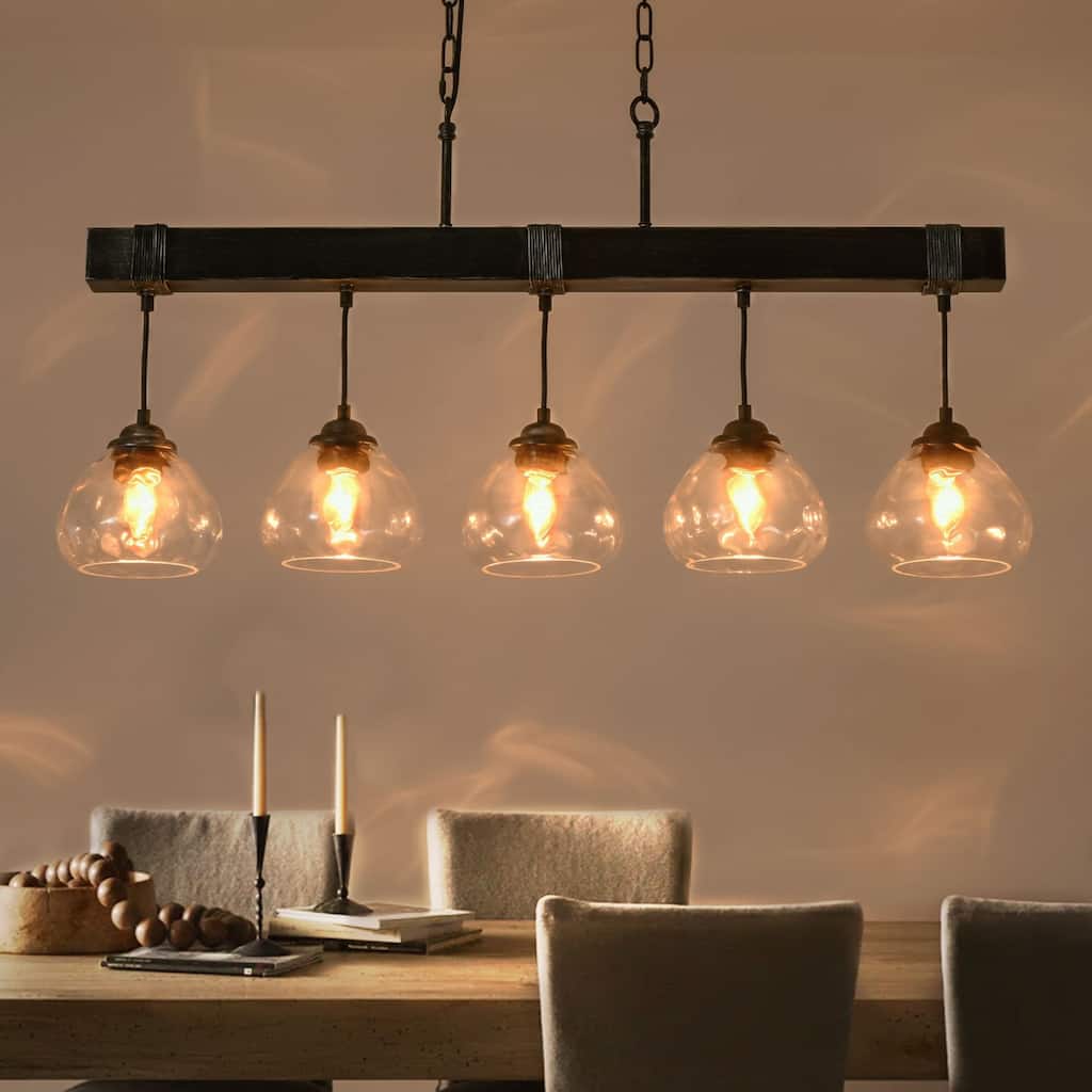 5 - Light Farmhouse Black Linear Glass Kitchen Island Pendant Light - 5 Light