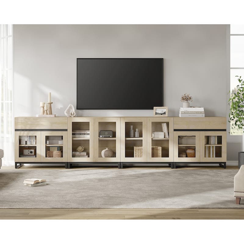 4-in-1 TV Stand for 120" TVs, Modern Console with Glass Doors & 2 Drawers - 126 inches - Beige