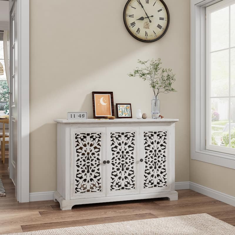Sideboard Buffet Cabinet with 3 Carving Doors, Storage Cabinet with Shelves, Accent Cabinet with Solid Wood Legs