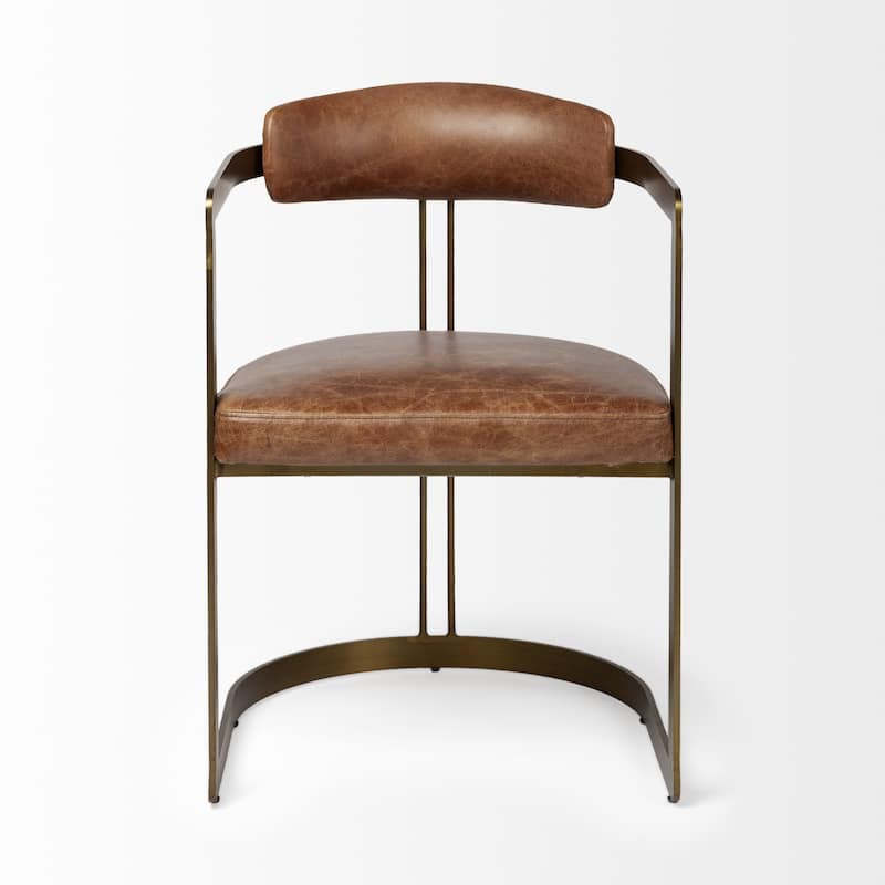 HomeRoots Brown And Gold Upholstered Leather Open Back Dining Arm Chair