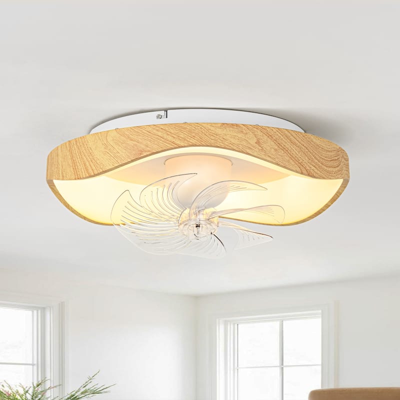 20.5" Modern Farmhouse Wood Ring Flush Mount LED Fandelier with Remote - Beige