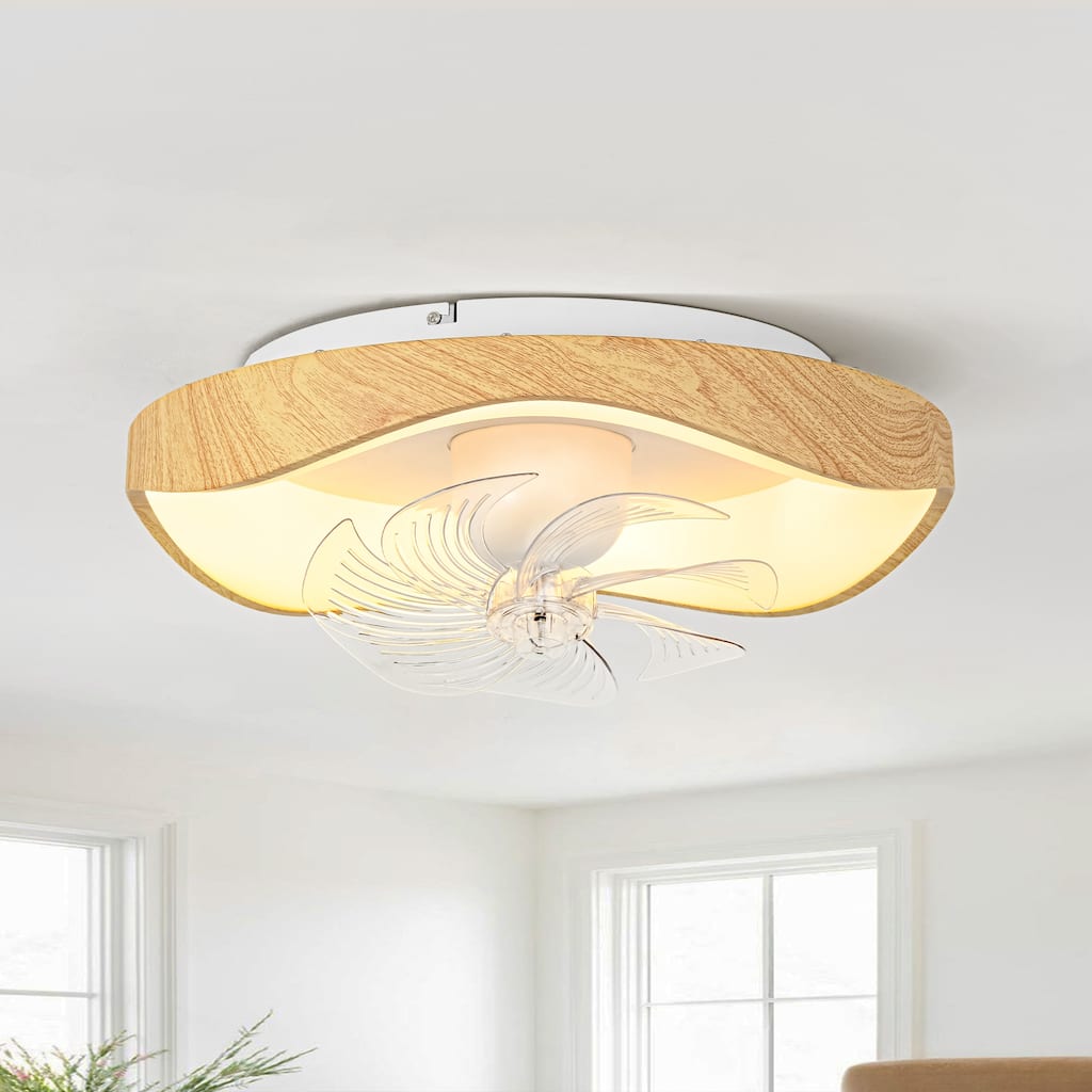 20.5" Modern Farmhouse Wood Ring Flush Mount LED Fandelier with Remote