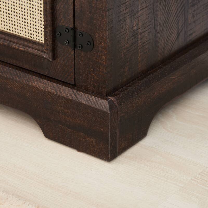 TV Stand for TVs up to 70" with Natural Rattan Doors, 2 Storage Cabinets, 3 Adjustable Shelves, Multifunctional Console Table