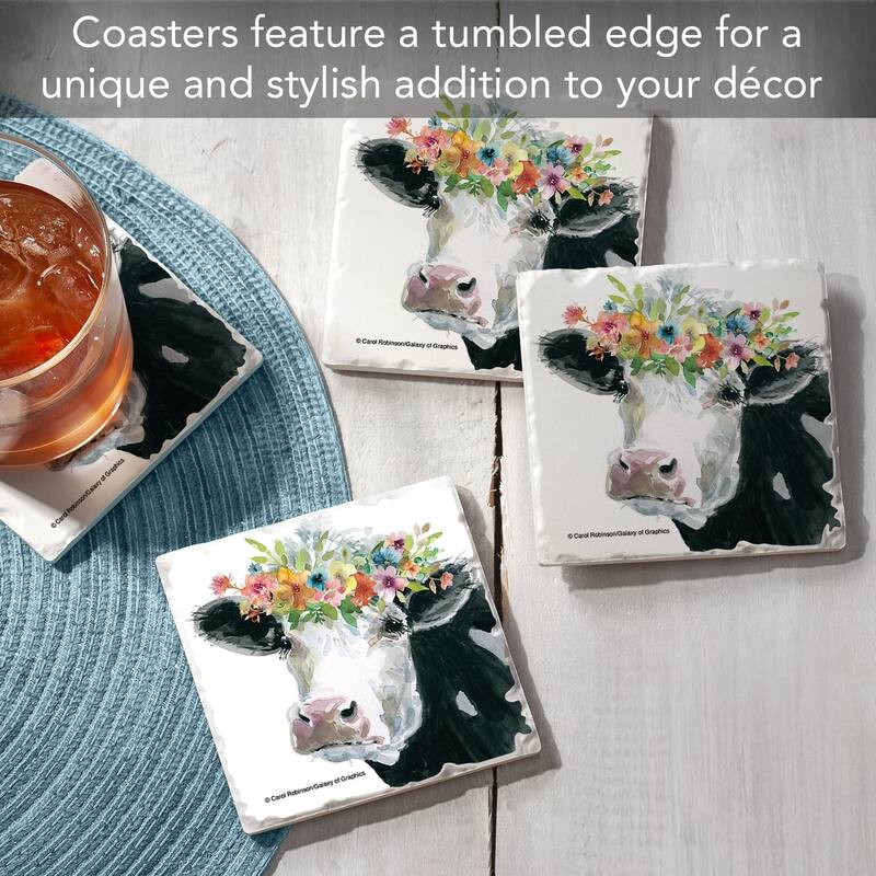 Flower Crown Cow 4 Pack Stone Coasters with Cork Backing 4" Square Made in The USA Artistic Absorbent Easily Wipes Clean