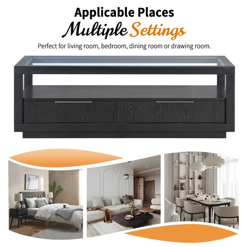 Coffee Table with Transparent Tempered Glass and 2 Drawers, Center Table with Open Storage Shelf