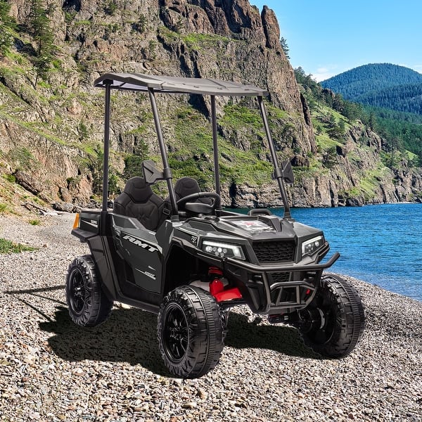 slide 2 of 33, 24V Ride-On Car, 4WD UTV for Kids, Remote-Controlled Dump Truck, Removable Roof, 2-Seater, 3 Speeds, Bluetooth, Music Features Black