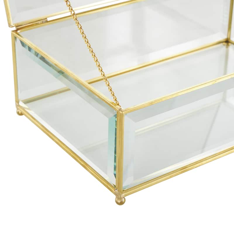 Glass Beveled Decorative Jewelry Box with Gold Metal Frame and Chain Accent - Set of 2 Clear - Roche River Decor