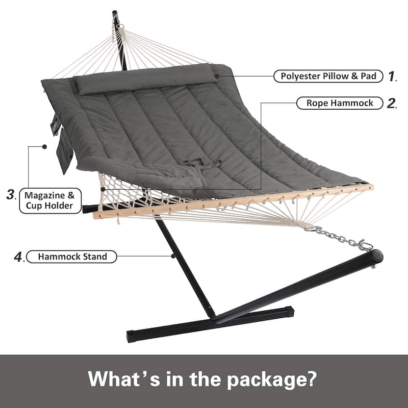 Hammock Double Hammock with Stand, Two Person Cotton Rope Hammock