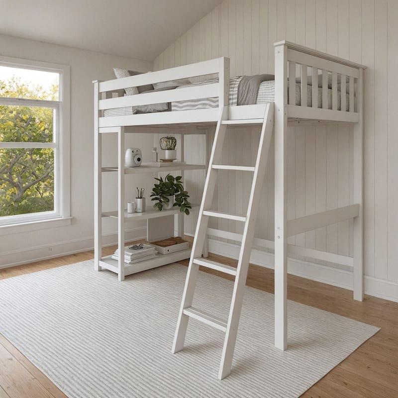 Now Furniture Solid Wood Twin High Loft Bed with Bookcase - White