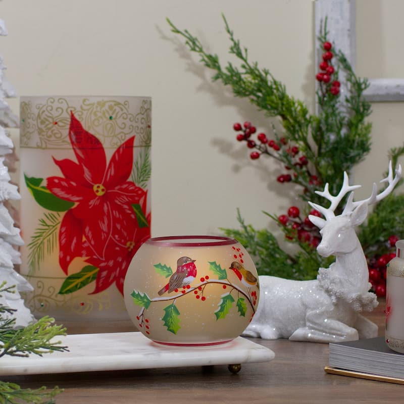 5-Inch Hand Painted Finches and Pine Flameless Glass Candle Holder