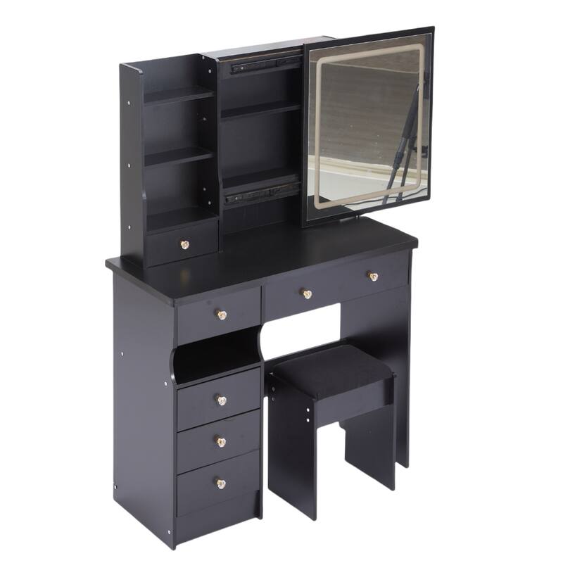37" Full-Size Vanity Set with Mirror, LED Lighting & Cushioned Stool