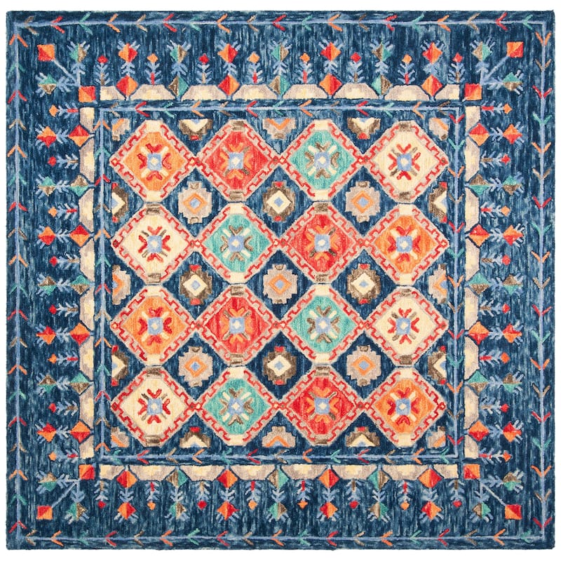 SAFAVIEH Handmade Aspen Kuang Boho Tribal Wool Rug - 3' Square - Navy/Orange