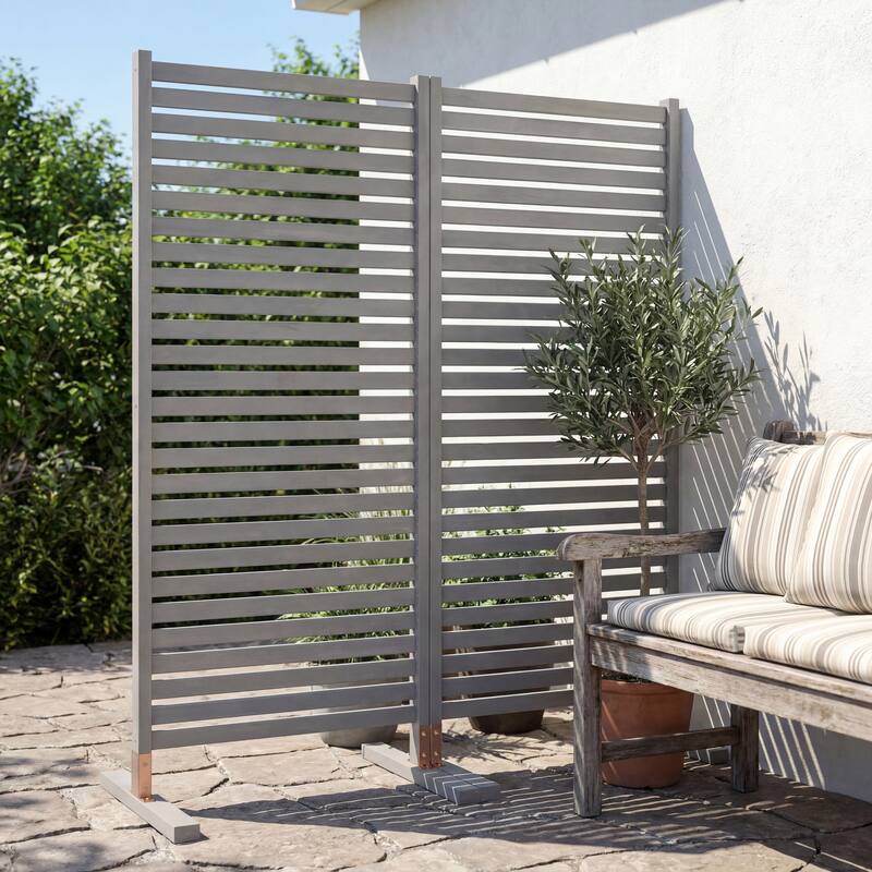 Solana Modern Solid Acacia Wood Slat Outdoor Privacy Screen, Freestanding Single Panel Patio Room Divider