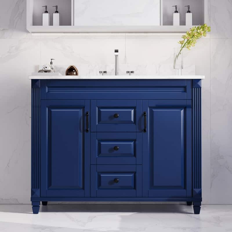42-Inch Solid Wood Bathroom Vanity with Sink - Minimalist Elegant Style - Blue