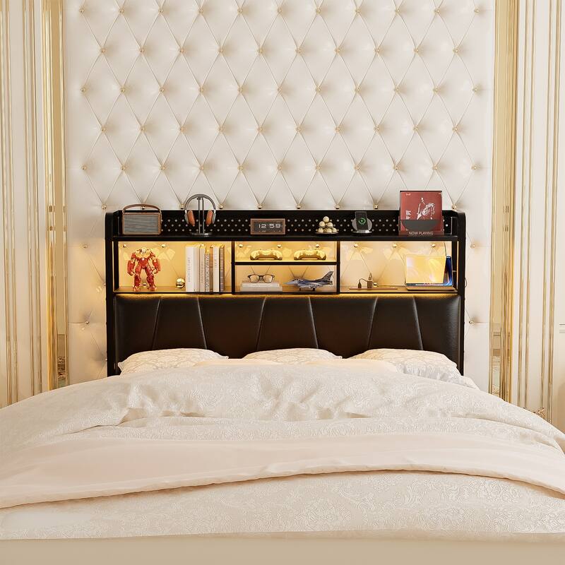 Upholstered Headboard with Pegboard and Charging Station, Storage Headboard Shelves and LED Light
