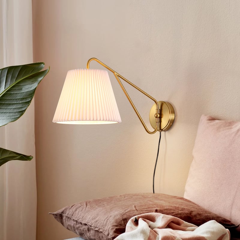 1-Light Mid-Century Modern Pleated Fabric Shade Gold Iron Plug-In Wall Sconce for Bedroom - 12 in. W x 24.2 in. D x 12.9 in. H