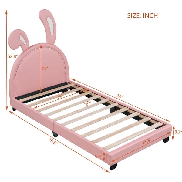 dimension image slide 3 of 5, Roomfitters Twin Size Upholstered Leather Platform Bed with Rabbit Ornament, Stylish and Fun Design
